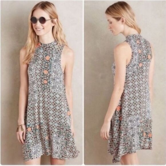 Anthropologie Maeve Lilt Swing Dress Medium Floral Patchwork Pockets Sle… - Picture 1 of 6